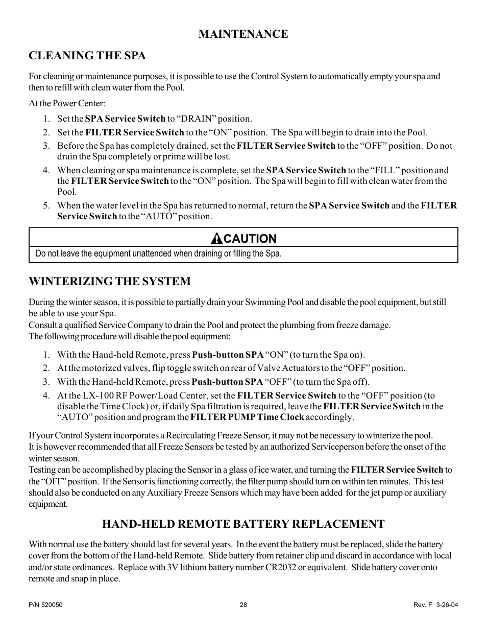 Maintenance cleaning the spa, Caution, Winterizing the system | Hand-held remote battery replacement | Pentair EasyTouch Pool/Spa Control System LX-100EZ User Manual | Page 28 / 32
