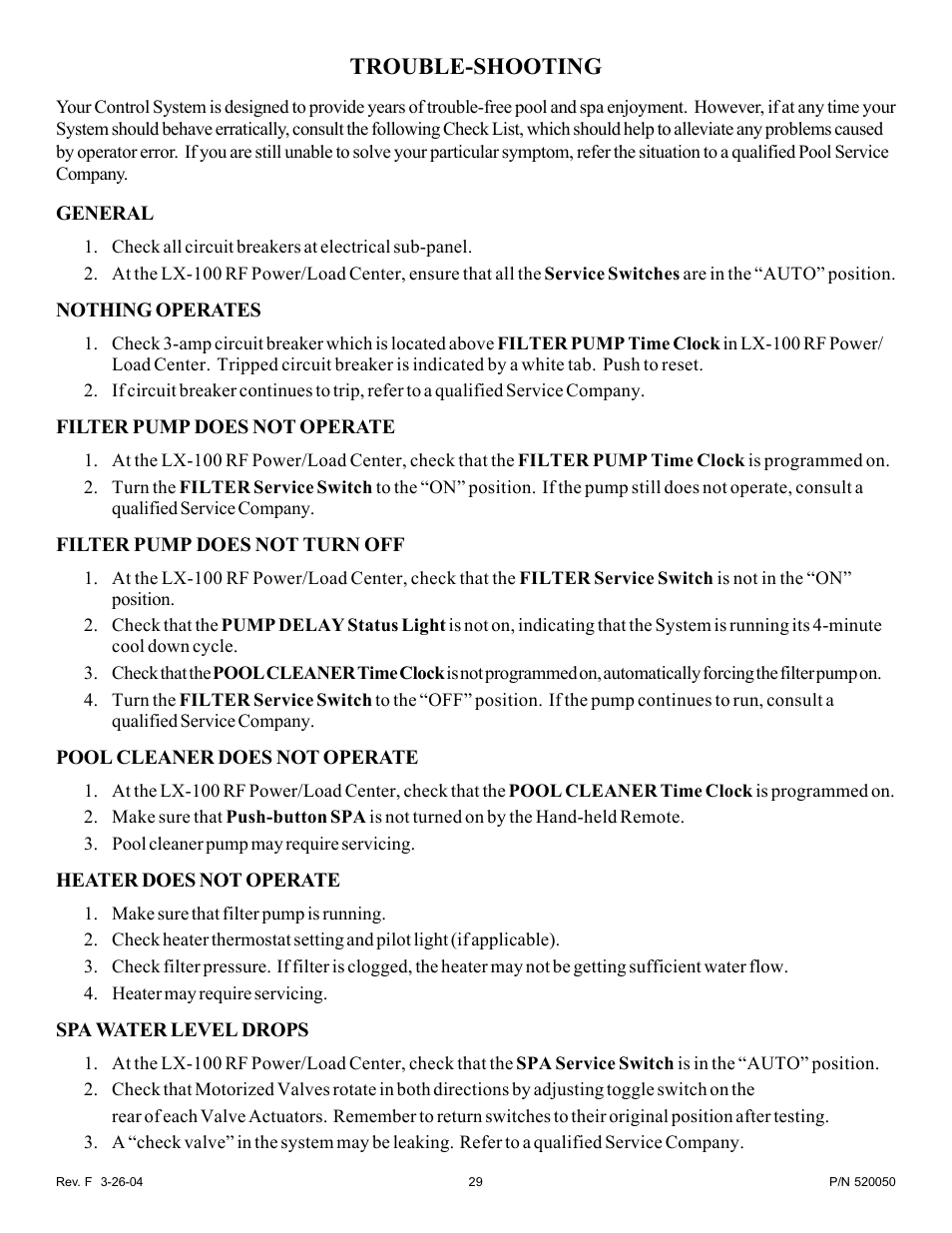 Trouble-shooting | Pentair EasyTouch Pool/Spa Control System LX-100EZ User Manual | Page 29 / 32