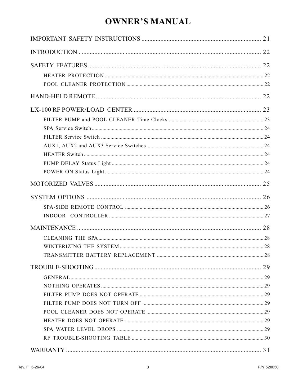 Owner’s manual | Pentair EasyTouch Pool/Spa Control System LX-100EZ User Manual | Page 3 / 32