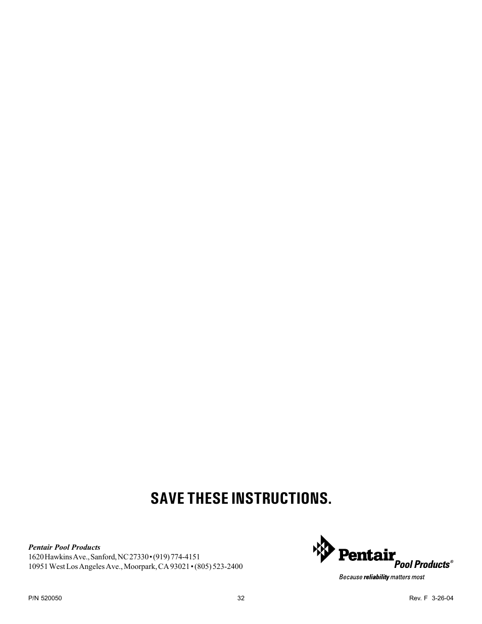 Save these instructions | Pentair EasyTouch Pool/Spa Control System LX-100EZ User Manual | Page 32 / 32