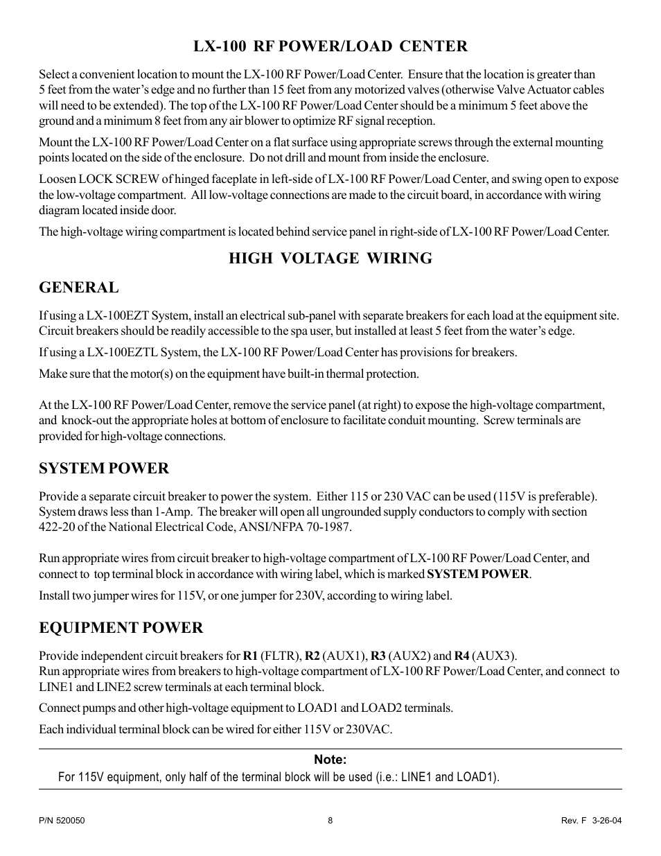 Lx-100 rf power/load center, High voltage wiring general, System power | Equipment power | Pentair EasyTouch Pool/Spa Control System LX-100EZ User Manual | Page 8 / 32