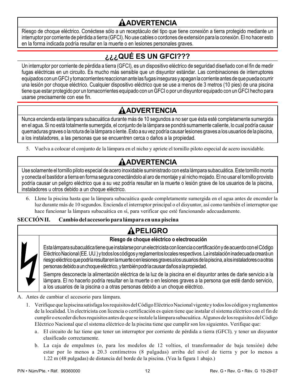 Advertencia, Qué es un gfci, Peligro | Pentair Underwater Light Amerlite User Manual | Page 12 / 24