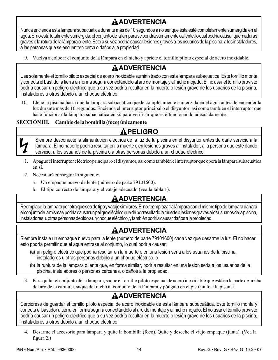 Advertencia, Peligro | Pentair Underwater Light Amerlite User Manual | Page 14 / 24