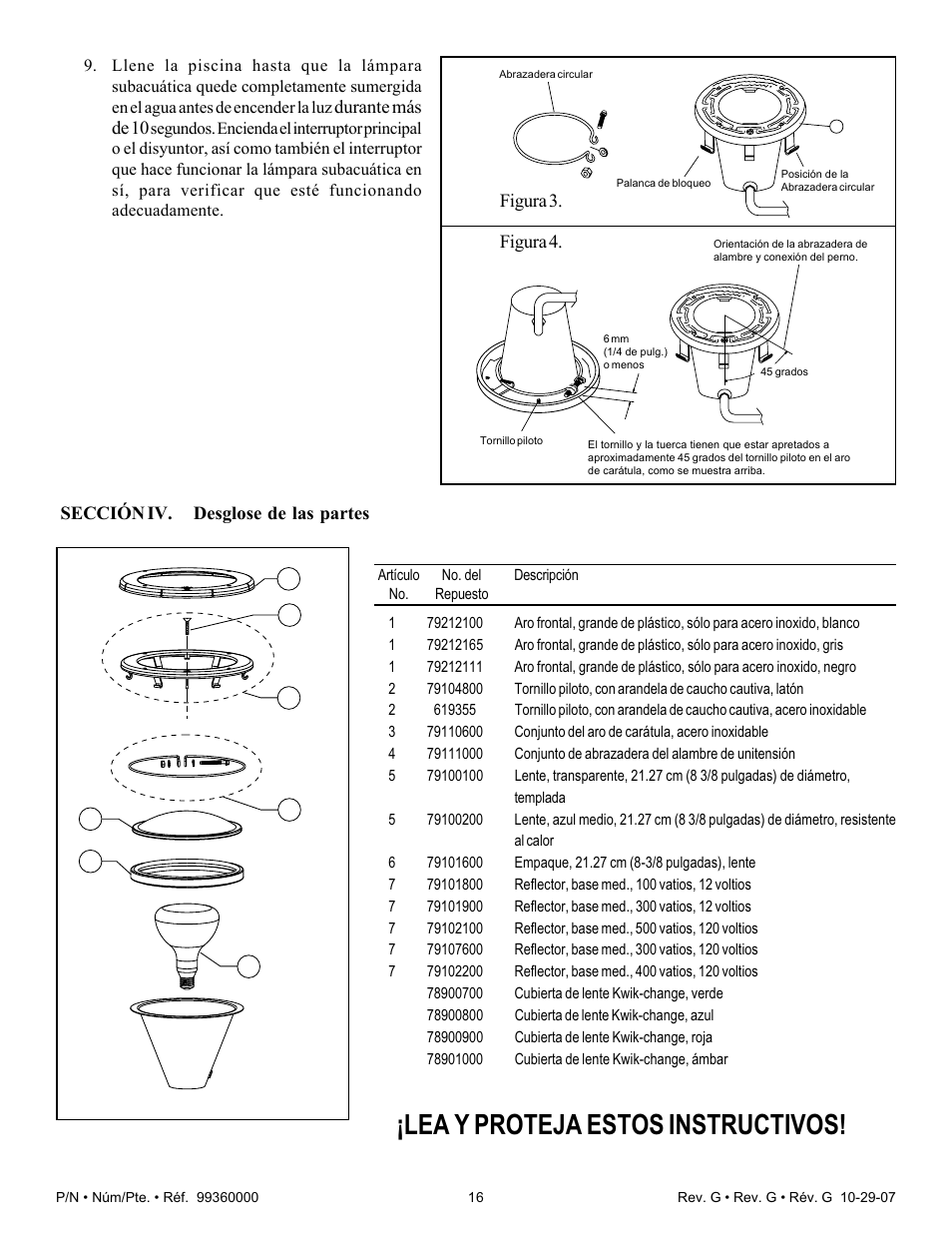 Lea y proteja estos instructivos | Pentair Underwater Light Amerlite User Manual | Page 16 / 24