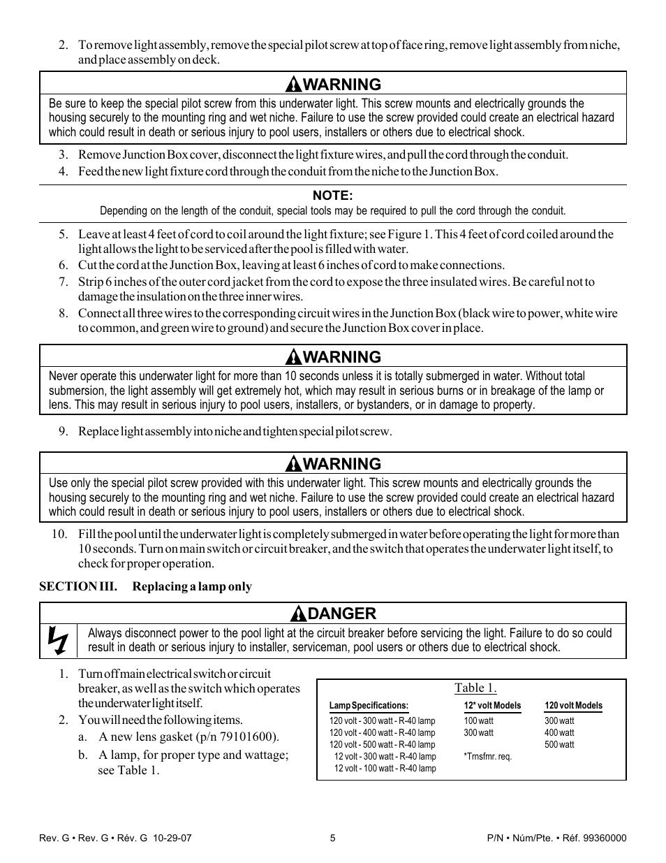 Warning, Danger | Pentair Underwater Light Amerlite User Manual | Page 5 / 24