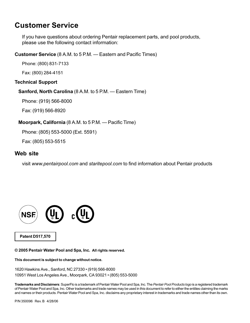 Customer service, Web site | Pentair SuperFlo Swimming Pool Pump User Manual | Page 2 / 20