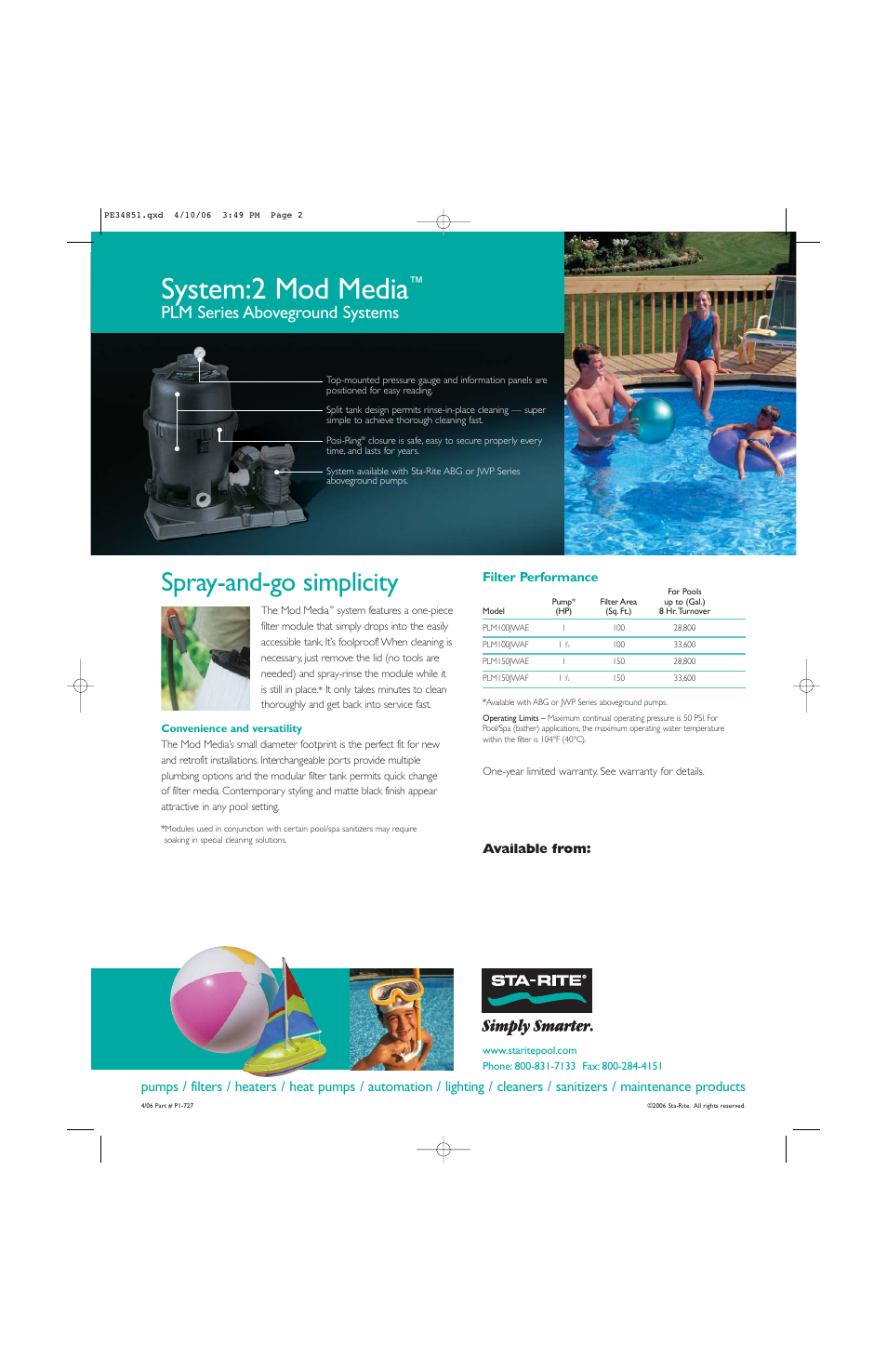 System:2 mod media, Spray-and-go simplicity, Plm series aboveground systems | Available from: filter performance | Pentair PLM Series User Manual | Page 2 / 2