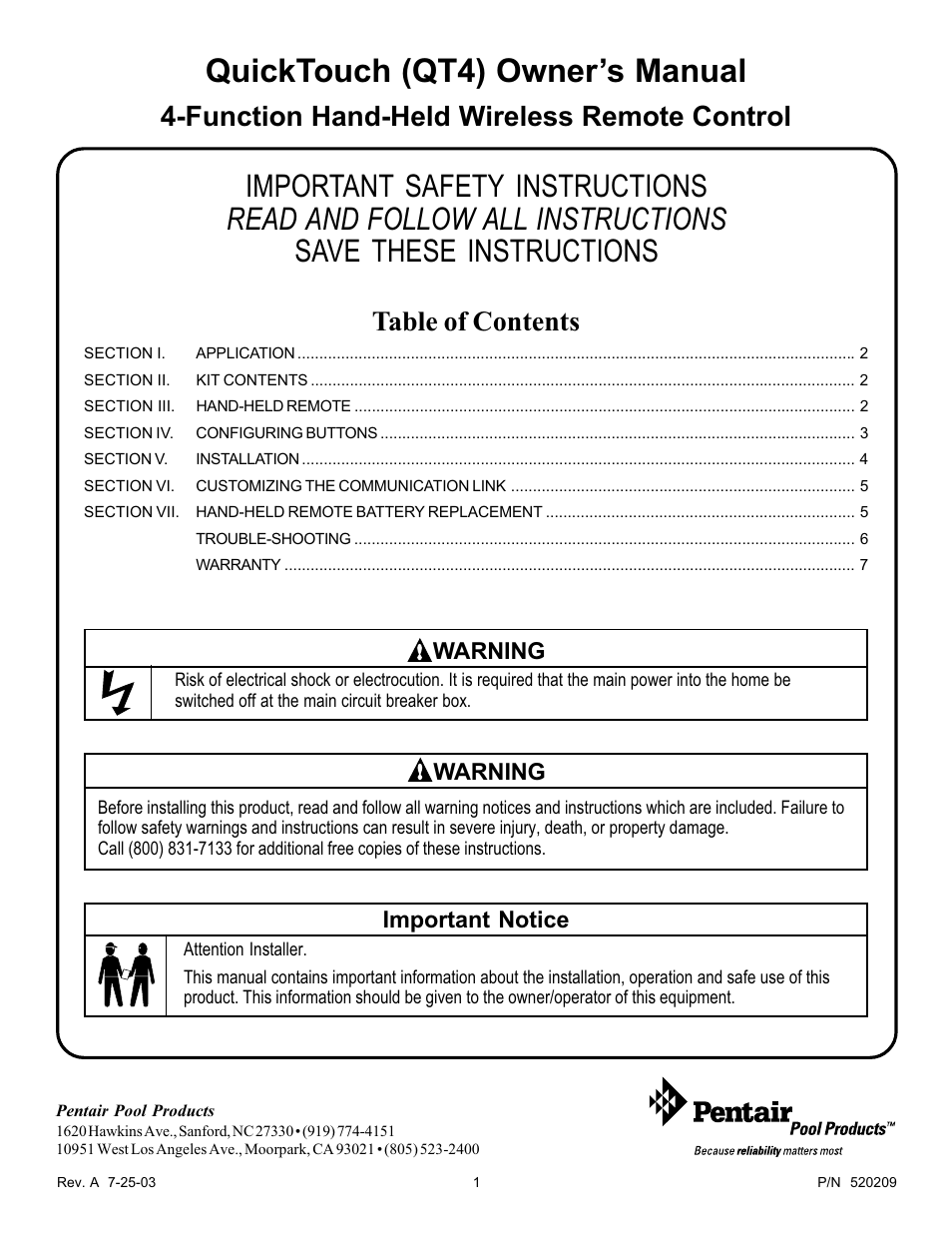 Pentair QT4 User Manual | 8 pages