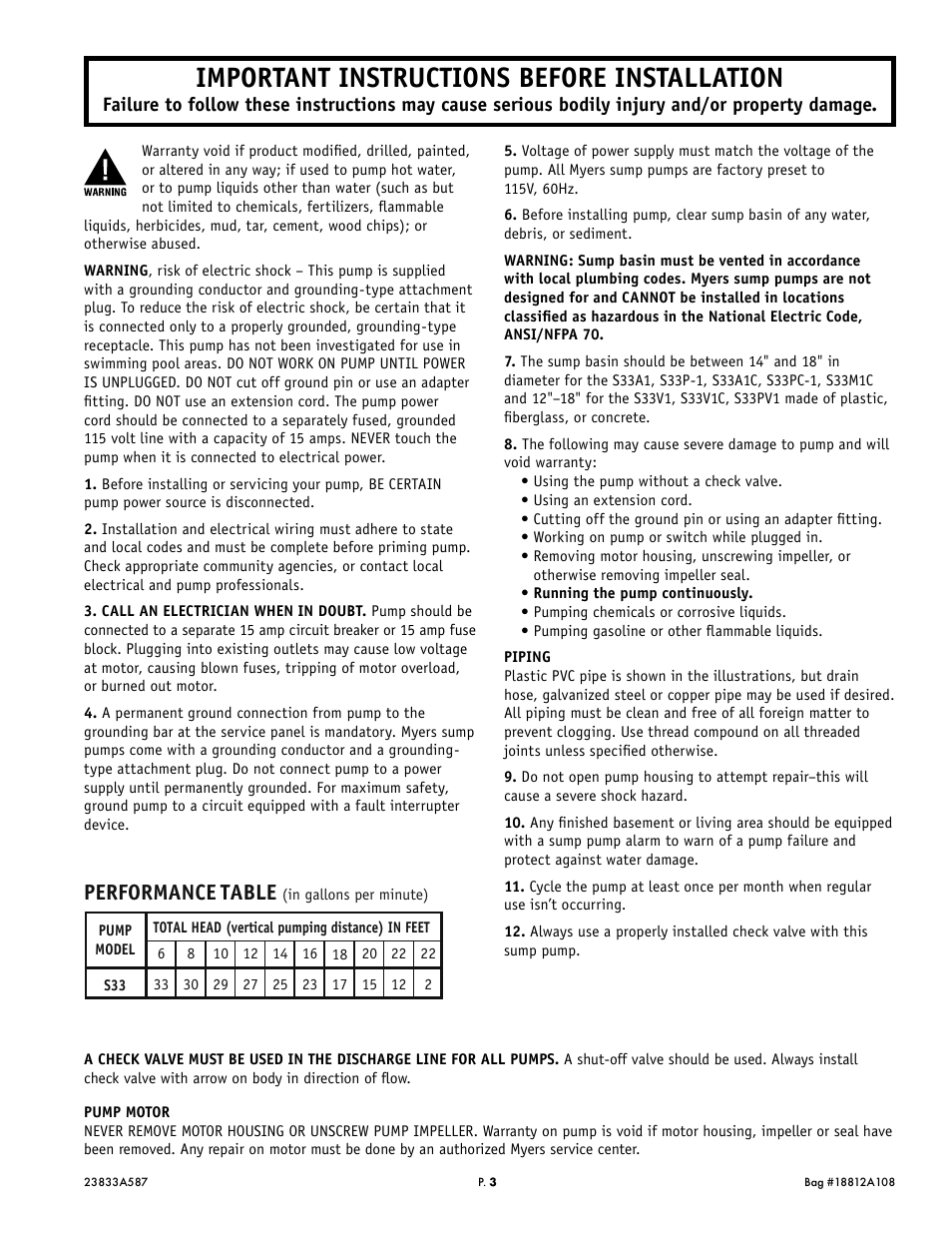 Important instructions before installation, Performance table | Pentair MYERS S33 User Manual | Page 3 / 7