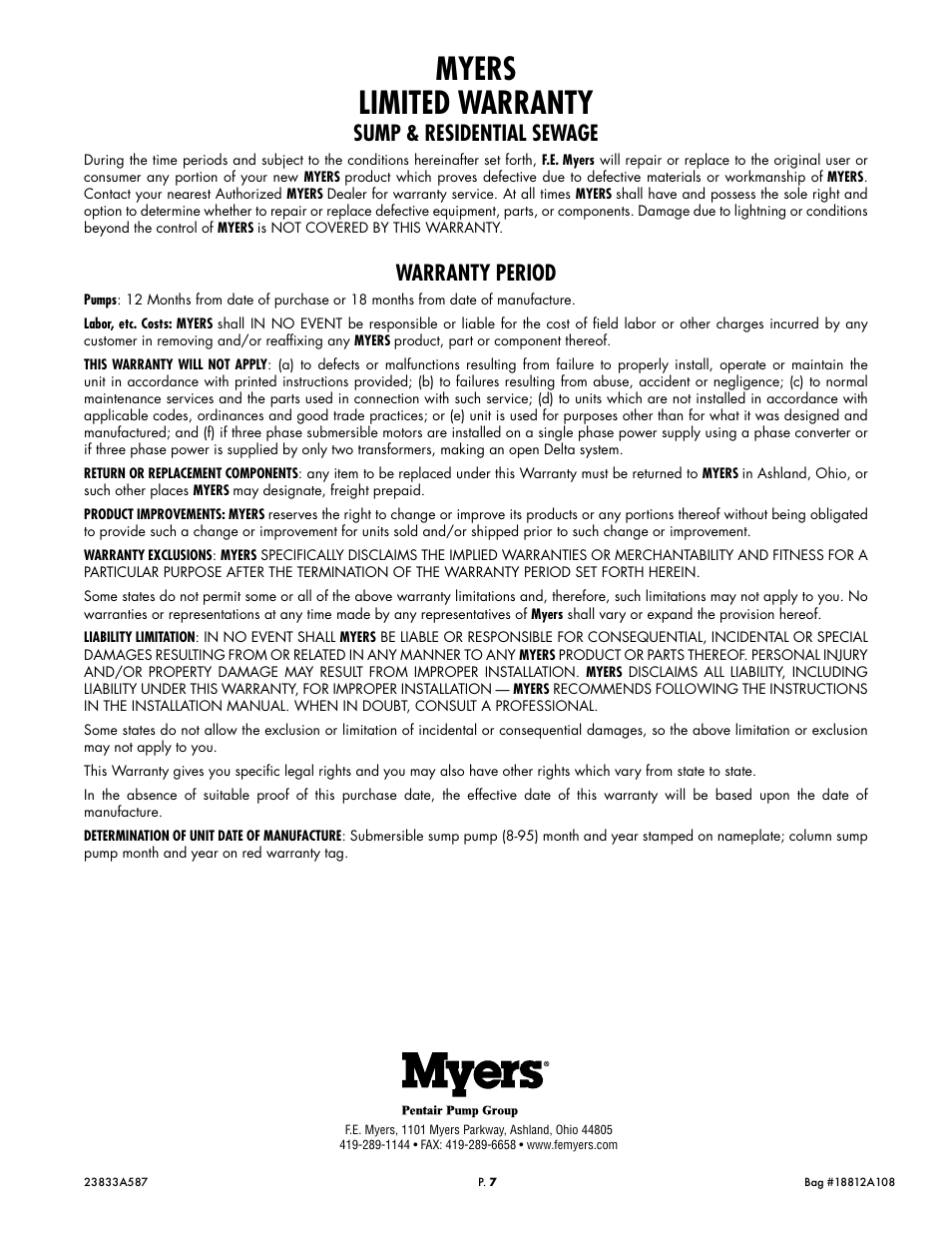 Myers limited warranty, Sump & residential sewage, Warranty period | Pentair MYERS S33 User Manual | Page 7 / 7