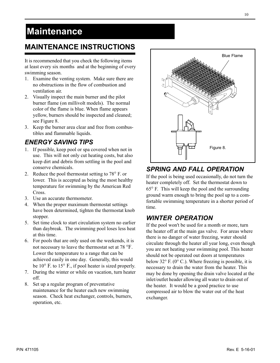 Maintenance, Maintenance instructions, Energy saving tips | Spring and fall operation, Winter operation | Pentair 75 User Manual | Page 10 / 24