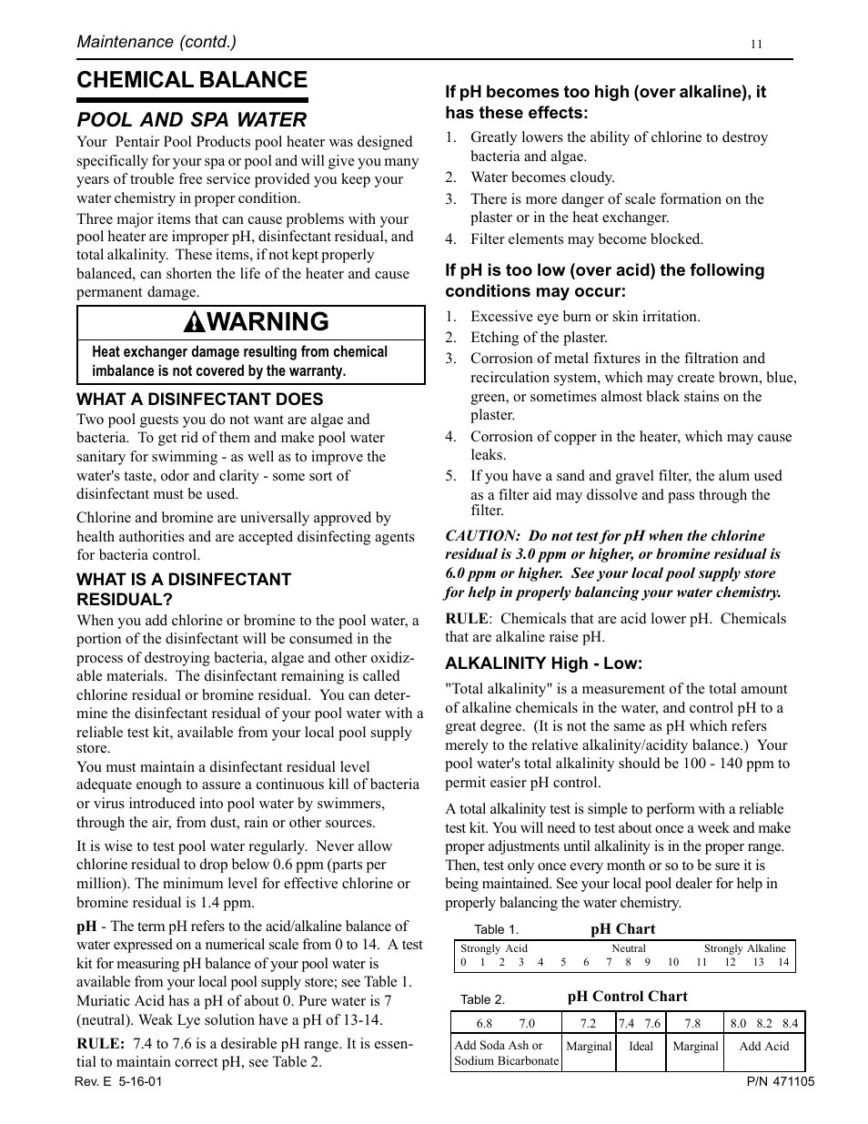Warning, Chemical balance, Pool and spa water | Pentair 75 User Manual | Page 11 / 24