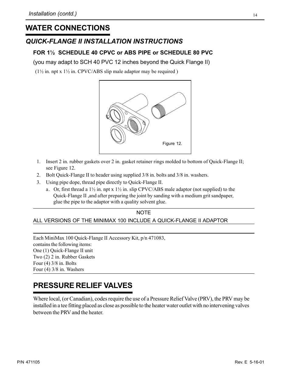 Water connections, Pressure relief valves, Quick-flange ii installation instructions | Pentair 75 User Manual | Page 14 / 24