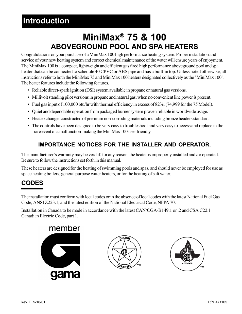 Minimax, Introduction, Aboveground pool and spa heaters | Pentair 75 User Manual | Page 3 / 24