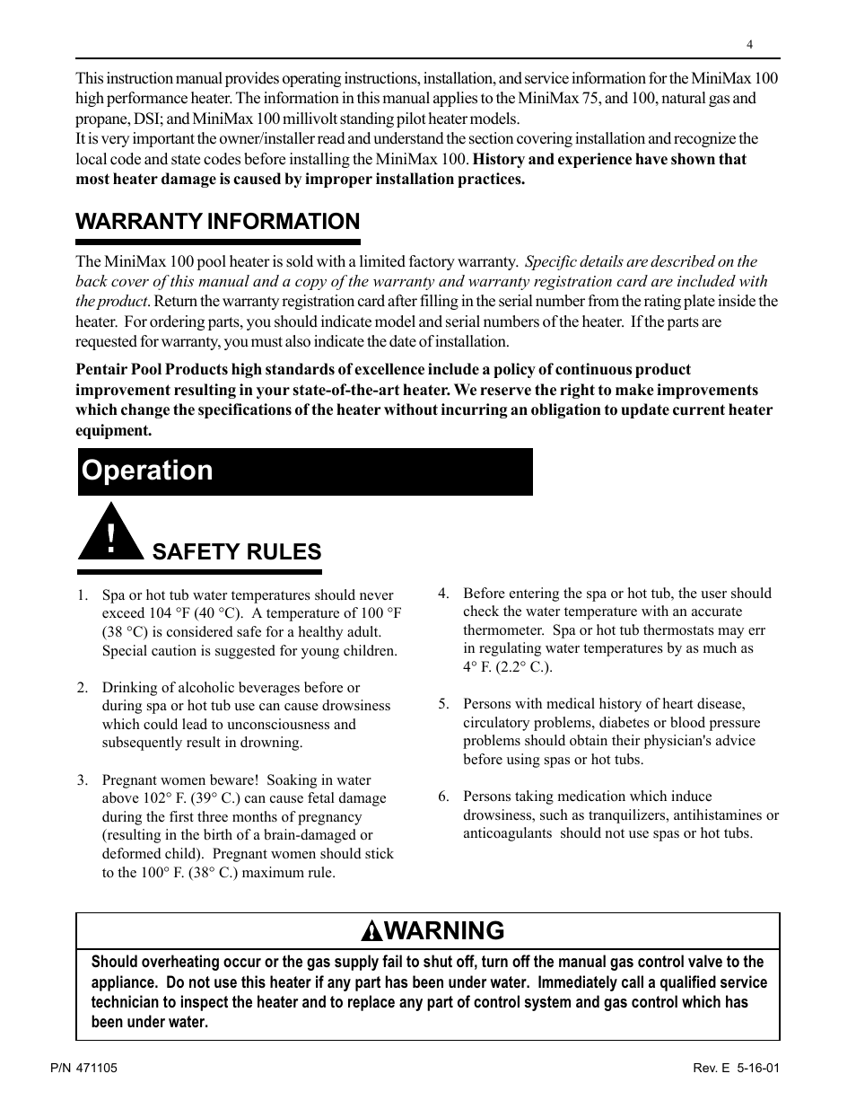 Operation, Warning, Safety rules | Warranty information | Pentair 75 User Manual | Page 4 / 24