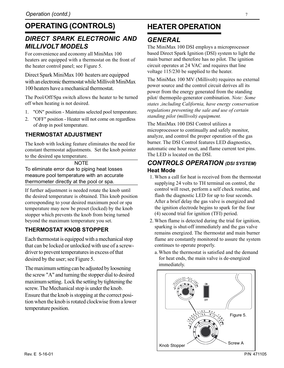 Heater operation, Operating (controls), General | Controls operation, Direct spark electronic and millivolt models | Pentair 75 User Manual | Page 7 / 24