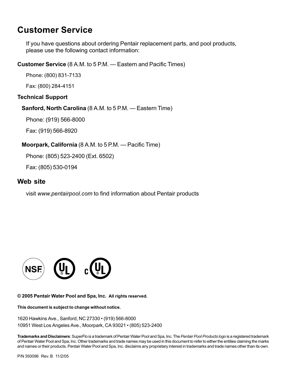 Customer service, Web site | Pentair SuperFlo High Performance Pump User Manual | Page 2 / 20