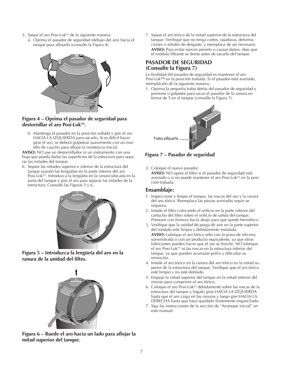 Pasador de seguridad (consulte la figura 7), Ensamblaje, Figura 7 – pasador de seguridad | Pentair Modular DE Filter PLDE48 User Manual | Page 19 / 24