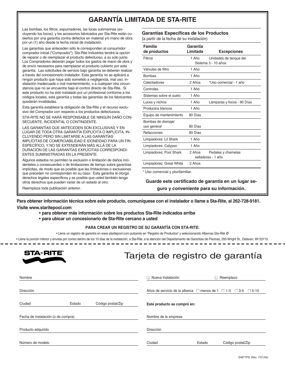 Tarjeta de registro de garantía, Garantía limitada de sta-rite | Pentair Modular DE Filter PLDE48 User Manual | Page 24 / 24
