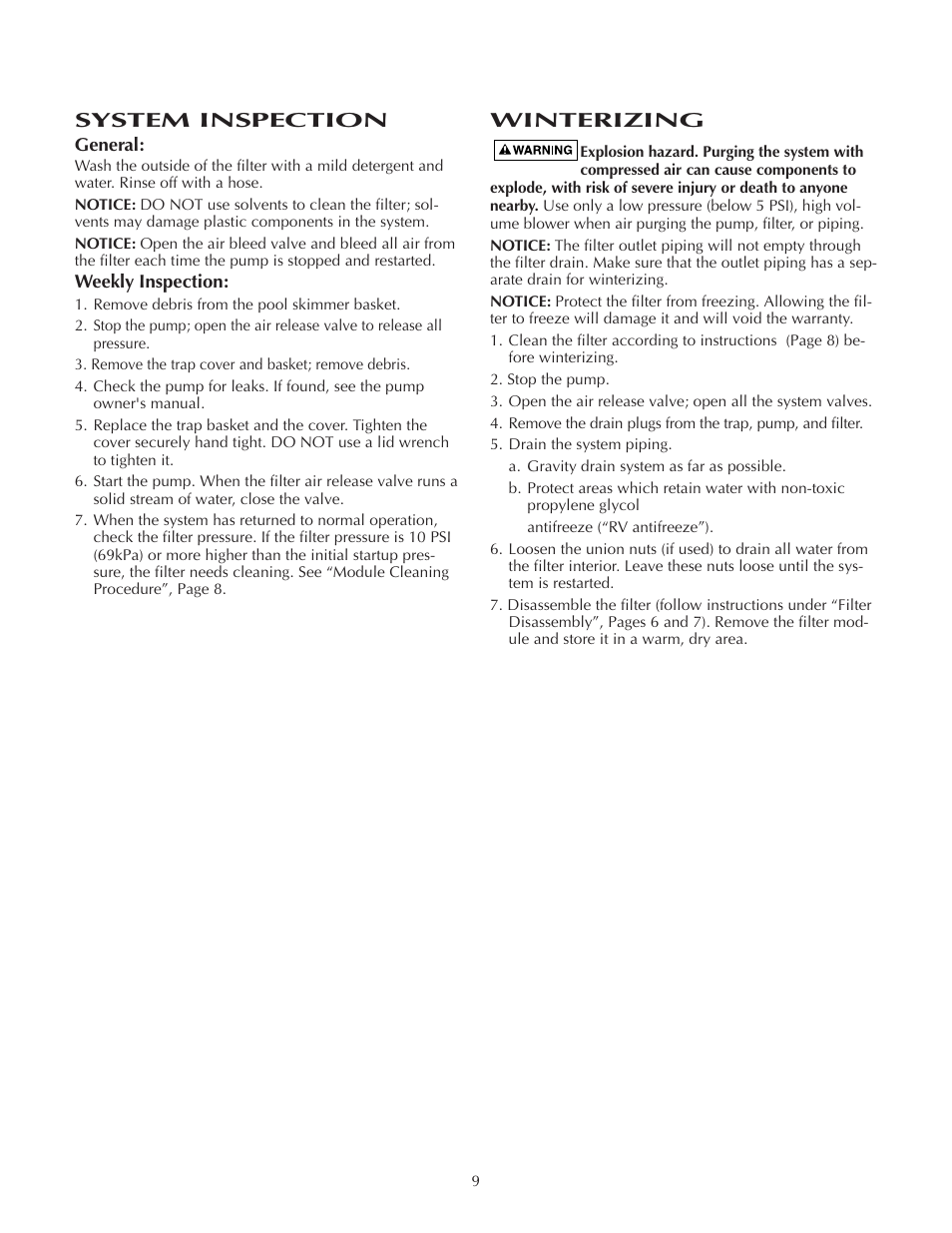 System inspection, Winterizing | Pentair Modular DE Filter PLDE48 User Manual | Page 9 / 24