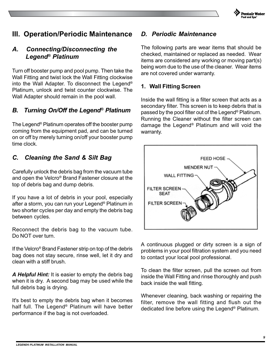 Iii. operation/periodic maintenance, A. connecting/disconnecting the legend, Platinum | B. turning on/off the legend, C. cleaning the sand & silt bag, D. periodic maintenance | Pentair Side Pool Cleaner User Manual | Page 13 / 20