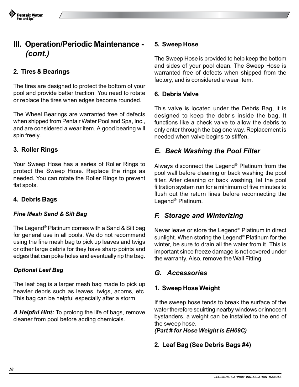 Iii. operation/periodic maintenance - (cont.) | Pentair Side Pool Cleaner User Manual | Page 14 / 20