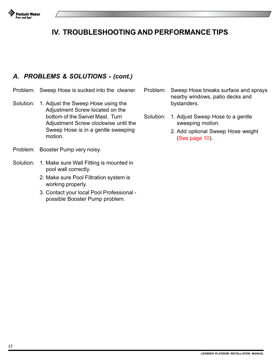 Iv. troubleshooting and performance tips | Pentair Side Pool Cleaner User Manual | Page 16 / 20