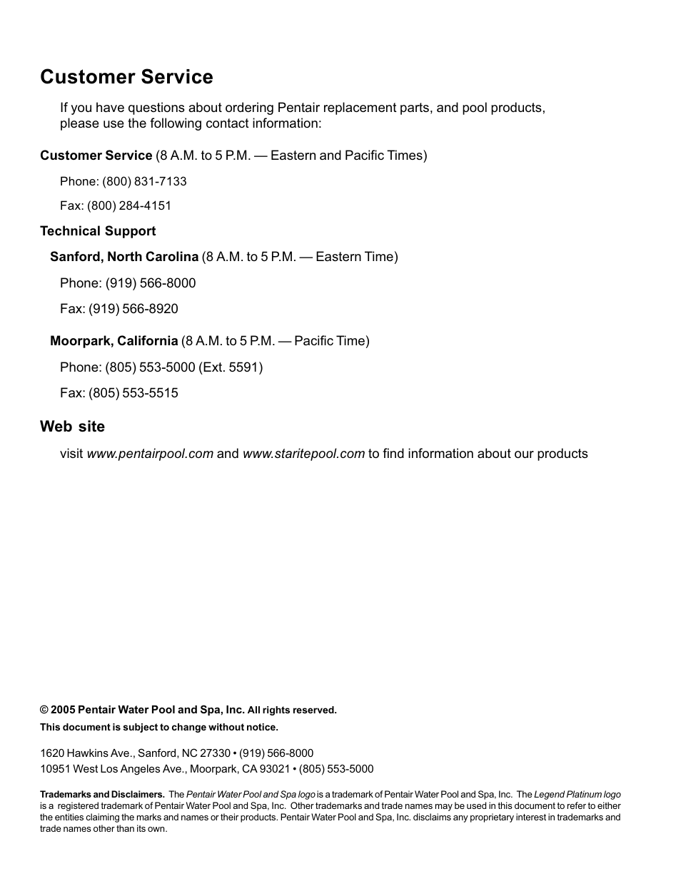 Customer service, Web site | Pentair Side Pool Cleaner User Manual | Page 2 / 20