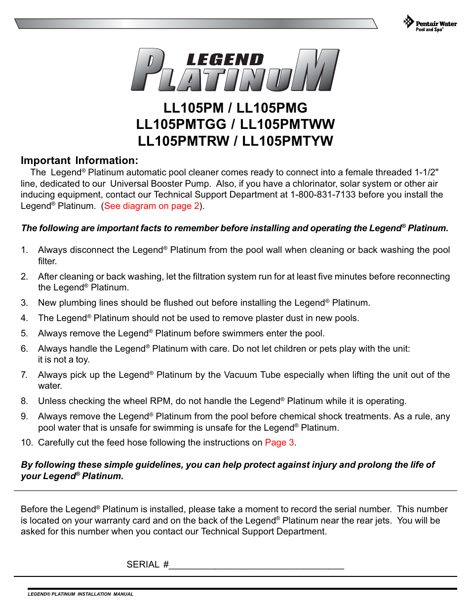 Important information | Pentair Side Pool Cleaner User Manual | Page 3 / 20