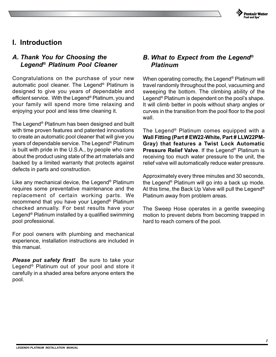 I. introduction, Platinum pool cleaner, B. what to expect from the legend | Platinum | Pentair Side Pool Cleaner User Manual | Page 5 / 20