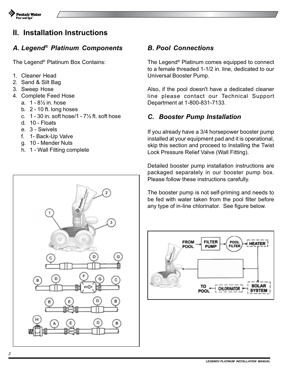Ii. installation instructions, A. legend, Platinum components | B. pool connections, C. booster pump installation | Pentair Side Pool Cleaner User Manual | Page 6 / 20