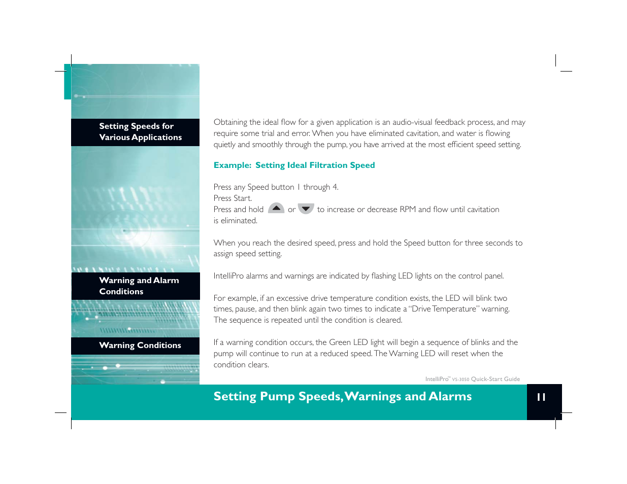 Setting pump speeds, warnings and alarms | Pentair IntelliPro VS-3050 User Manual | Page 13 / 16