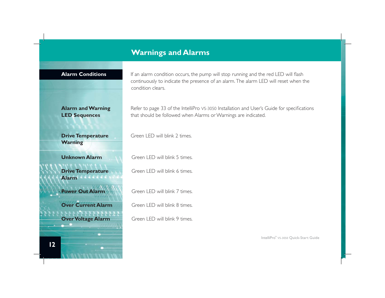 Warnings and alarms | Pentair IntelliPro VS-3050 User Manual | Page 14 / 16