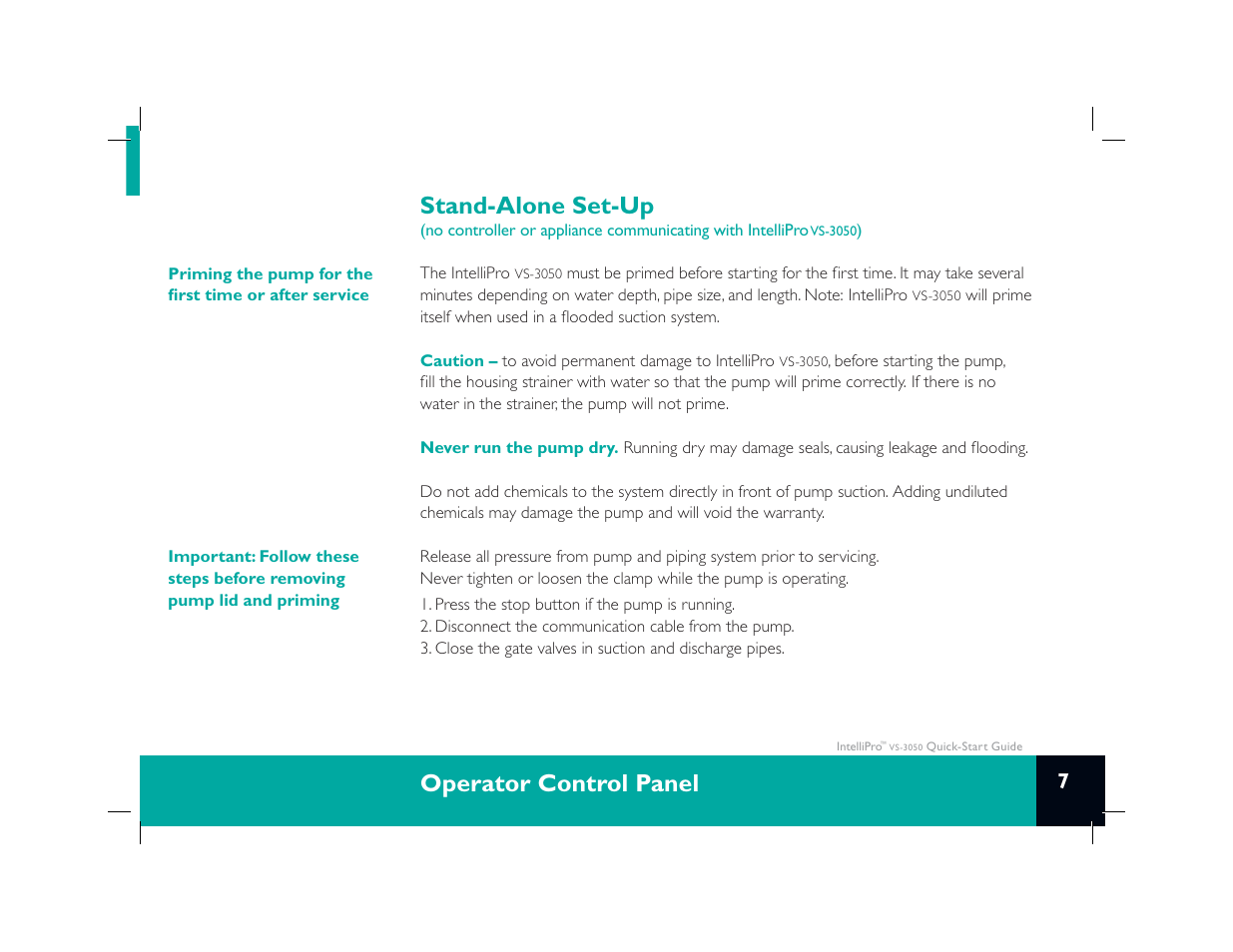 Operator control panel stand-alone set-up | Pentair IntelliPro VS-3050 User Manual | Page 9 / 16