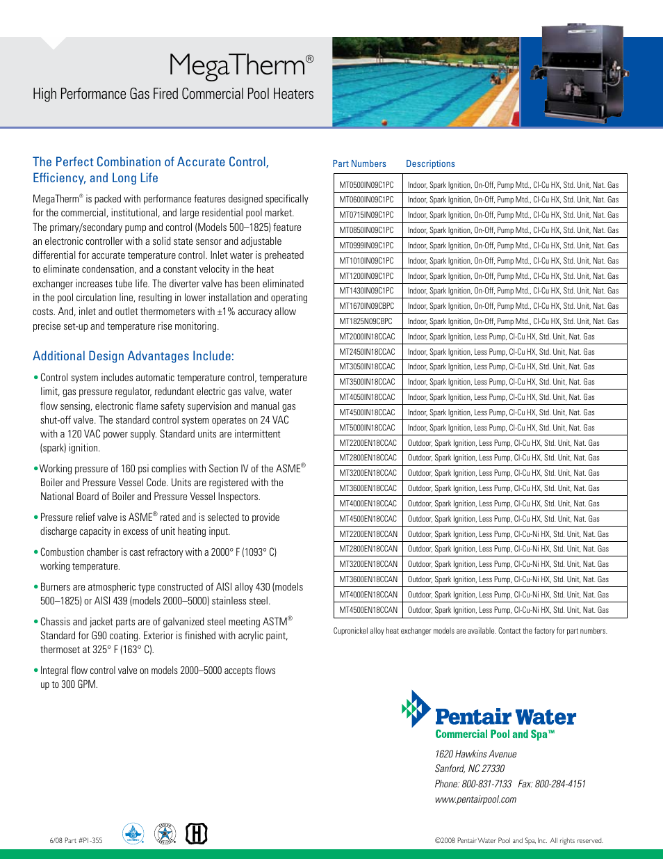Megatherm, High performance gas fired commercial pool heaters, Additional design advantages include | Pentair 5001825 User Manual | Page 4 / 4