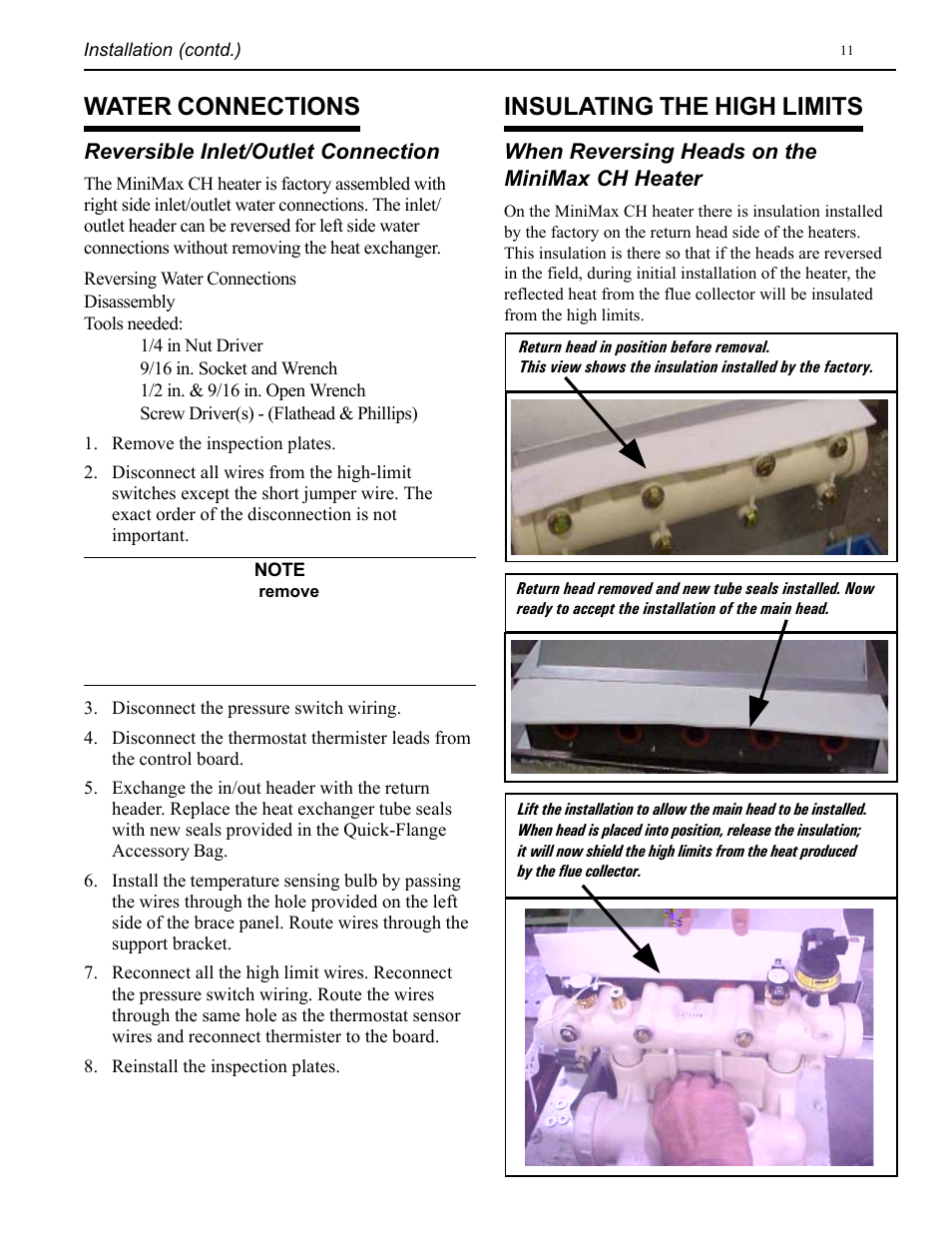 Water connections, Insulating the high limits | Pentair CH User Manual | Page 11 / 36