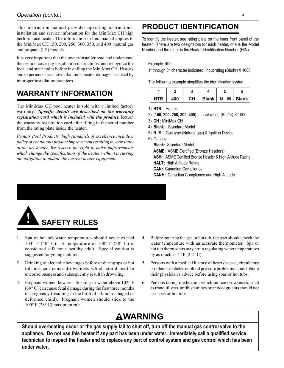 Operation, Warning, Warranty information | Safety rules, Product identification | Pentair CH User Manual | Page 4 / 36