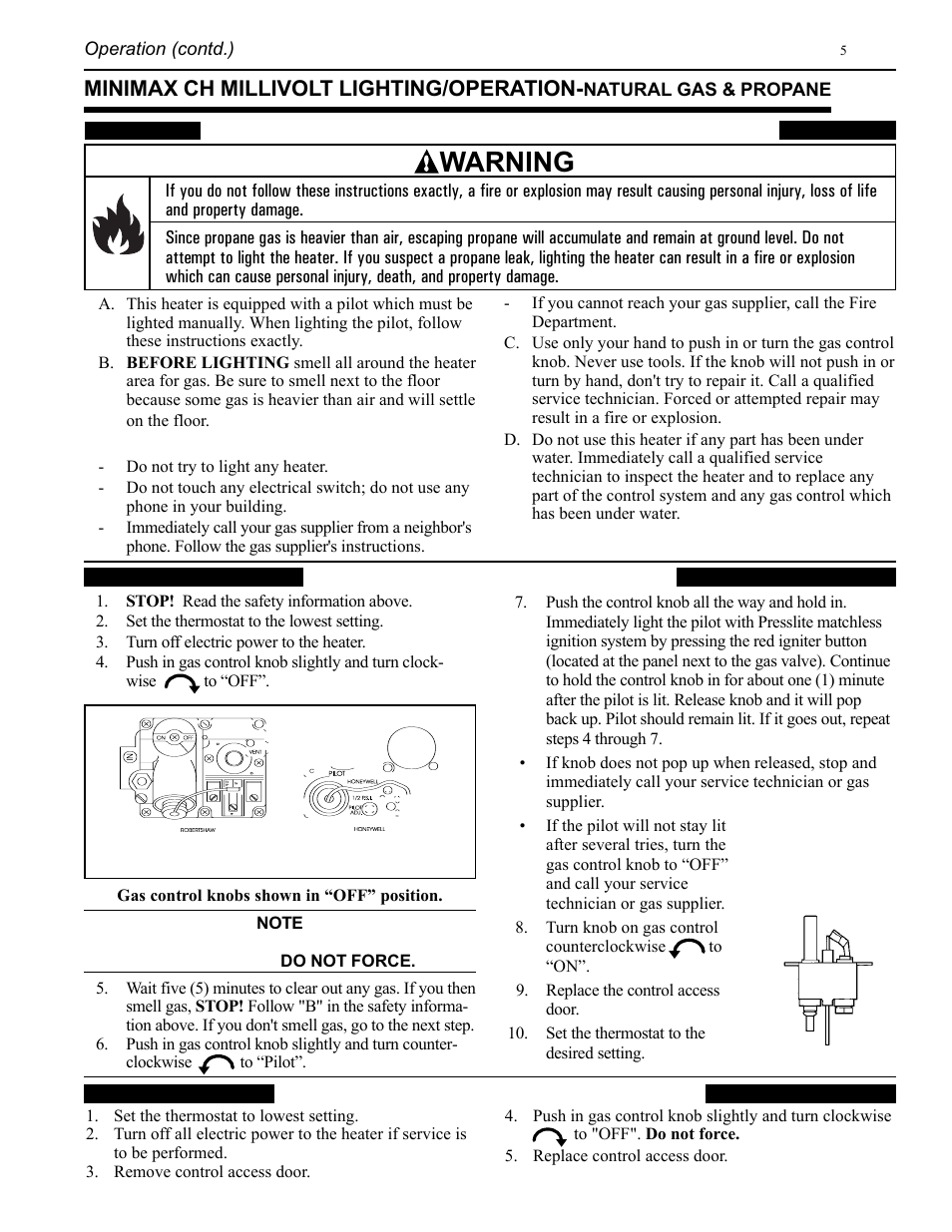 Warning, For your safety: read before lighting, Minimax ch millivolt lighting/operation | Lighting instructions to turn off gas to heater | Pentair CH User Manual | Page 5 / 36