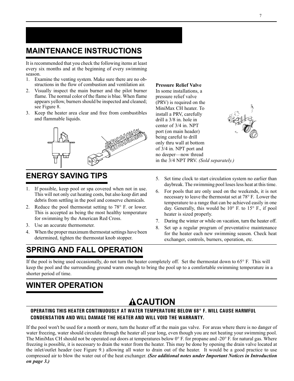 Maintenance, Caution, Maintenance instructions | Energy saving tips, Spring and fall operation, Winter operation | Pentair CH User Manual | Page 7 / 36