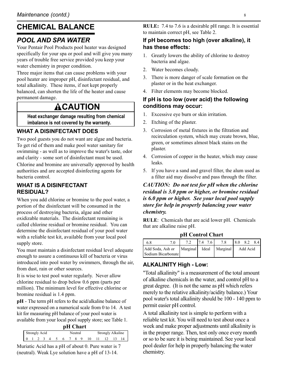 Caution, Chemical balance, Pool and spa water | Pentair CH User Manual | Page 8 / 36