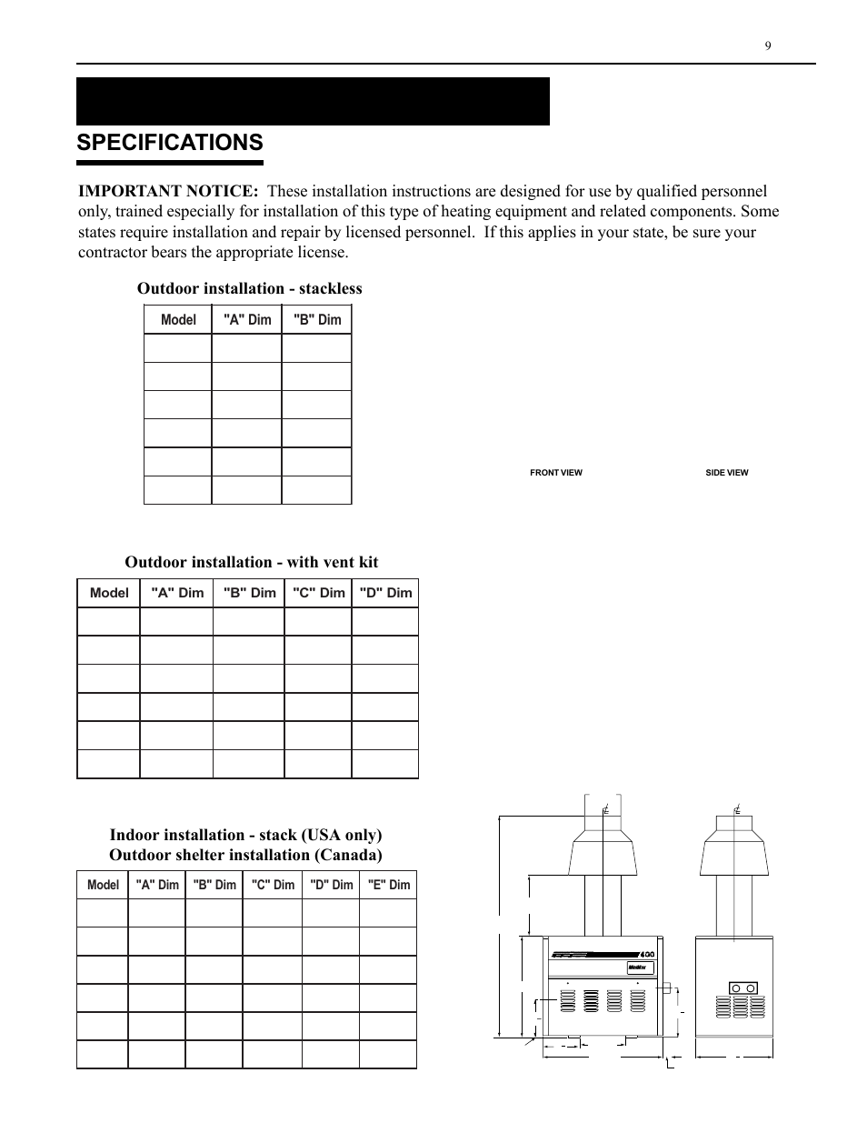 Installation instructions, Specifications | Pentair CH User Manual | Page 9 / 36