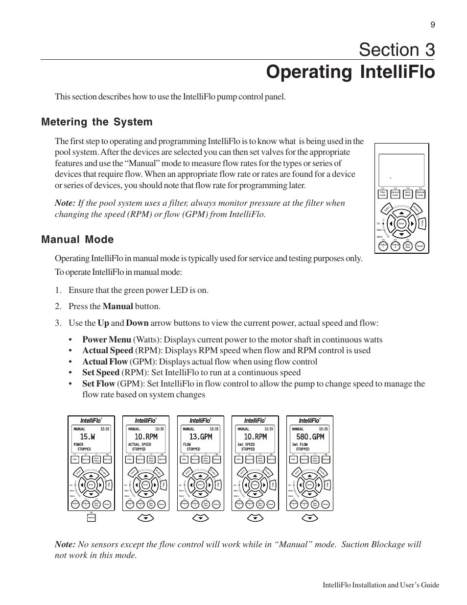 Metering the system, Manual mode, Intelliflo installation and user’s guide | Intelliflo | Pentair Variable Speed Pump IntelliFlo User Manual | Page 15 / 64