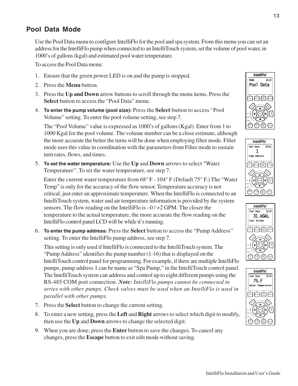 Pool data mode, Intelliflo installation and user’s guide, Pool data | Kgal, Intelliflo | Pentair Variable Speed Pump IntelliFlo User Manual | Page 19 / 64