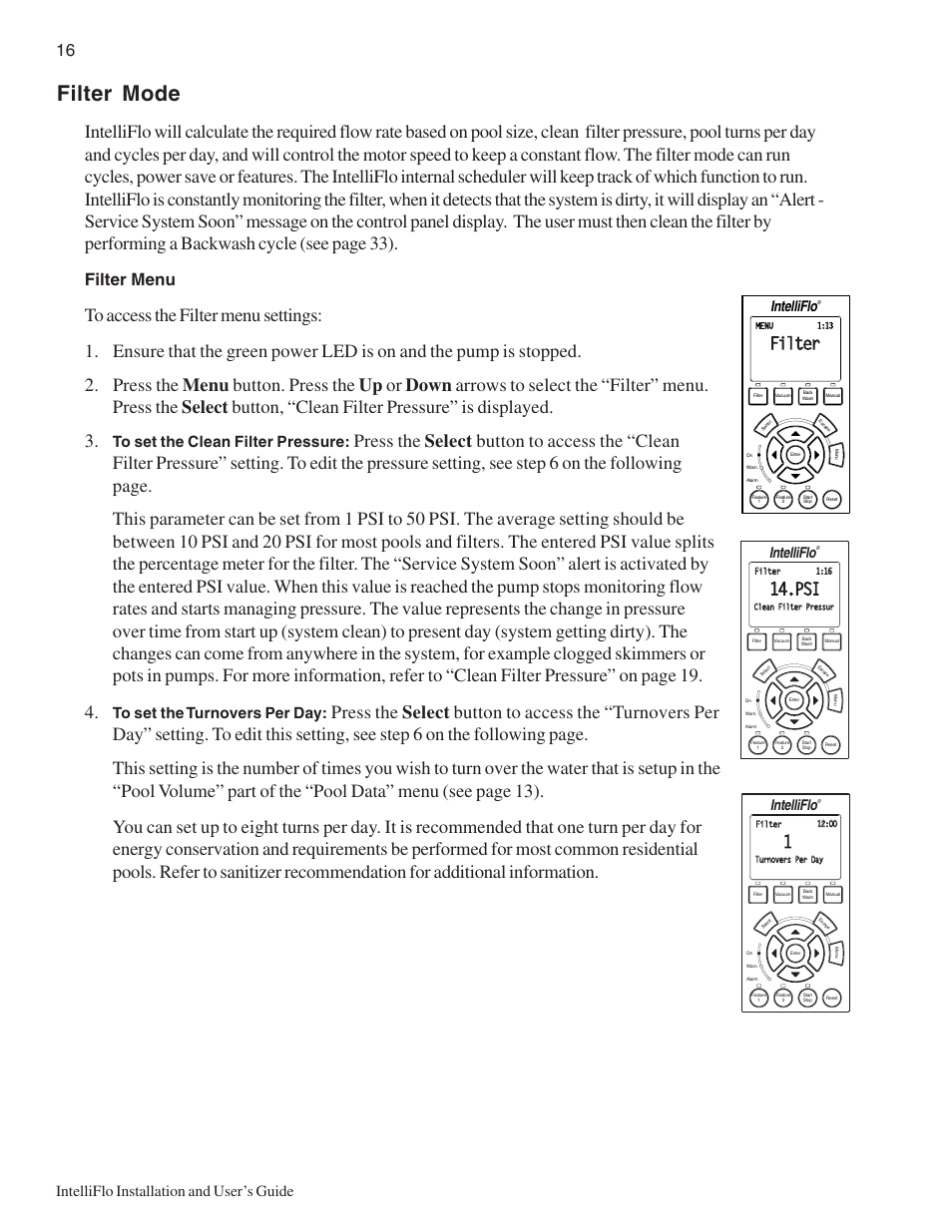 Filter mode, Filter menu, Filter | Intelliflo installation and user’s guide, Intelliflo | Pentair Variable Speed Pump IntelliFlo User Manual | Page 22 / 64