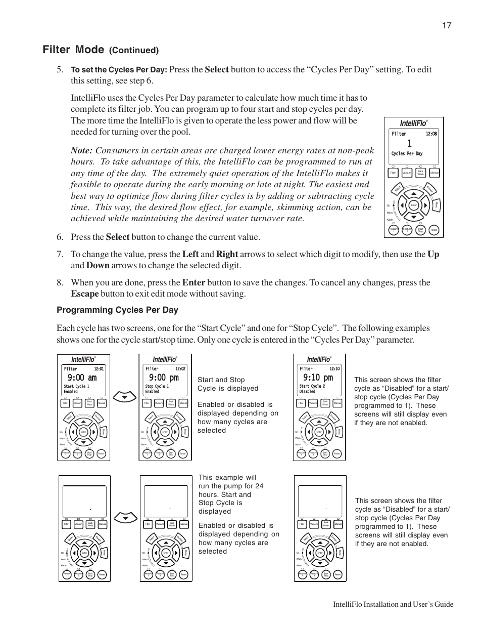 Filter mode, Continued), Programming cycles per day | Intelliflo, 00 am, 59 am, 15 am, Intelliflo installation and user’s guide | Pentair Variable Speed Pump IntelliFlo User Manual | Page 23 / 64