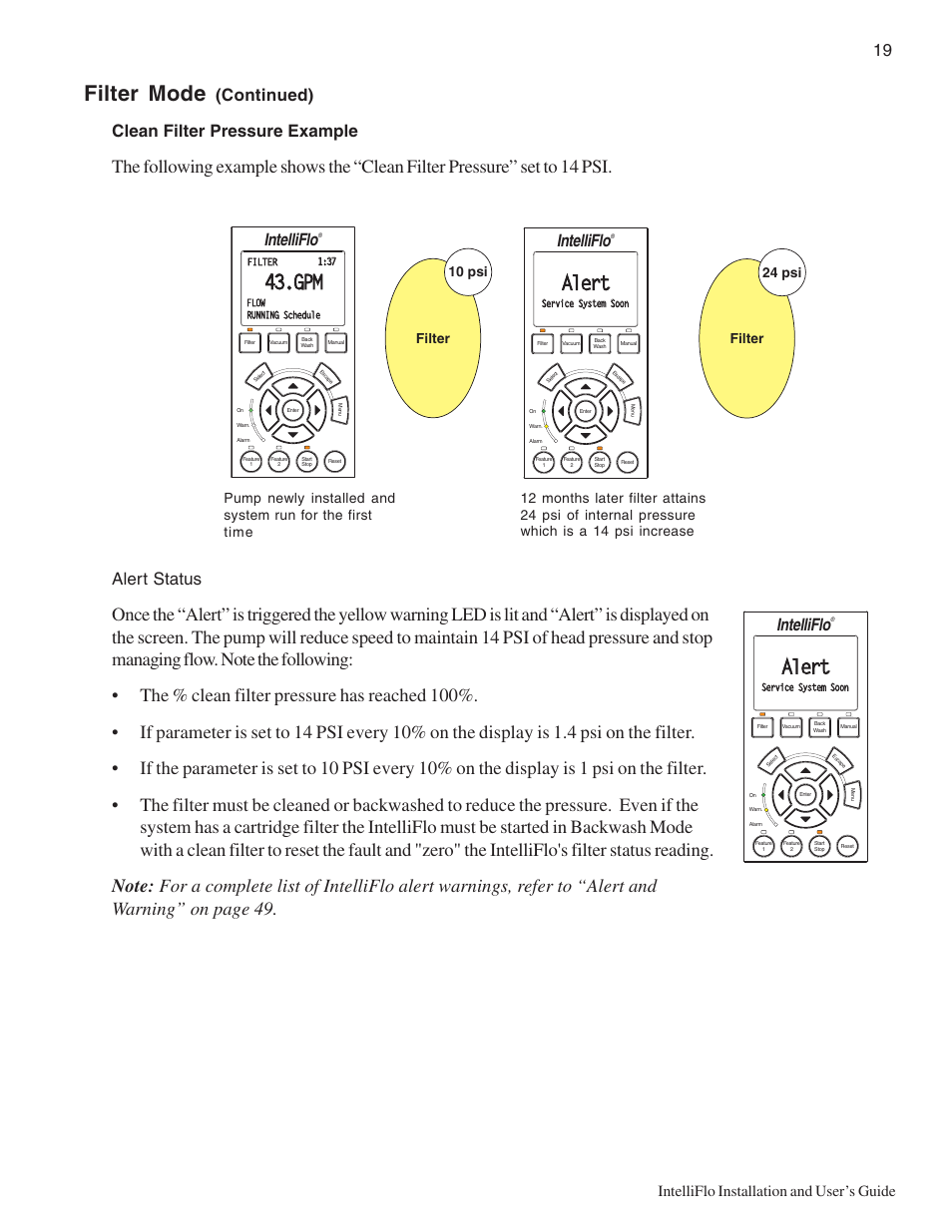 Filter mode, Alert, Continued) clean filter pressure example | Alert status, Intelliflo, Intelliflo installation and user’s guide, 10 psi filter, 24 psi filter | Pentair Variable Speed Pump IntelliFlo User Manual | Page 25 / 64