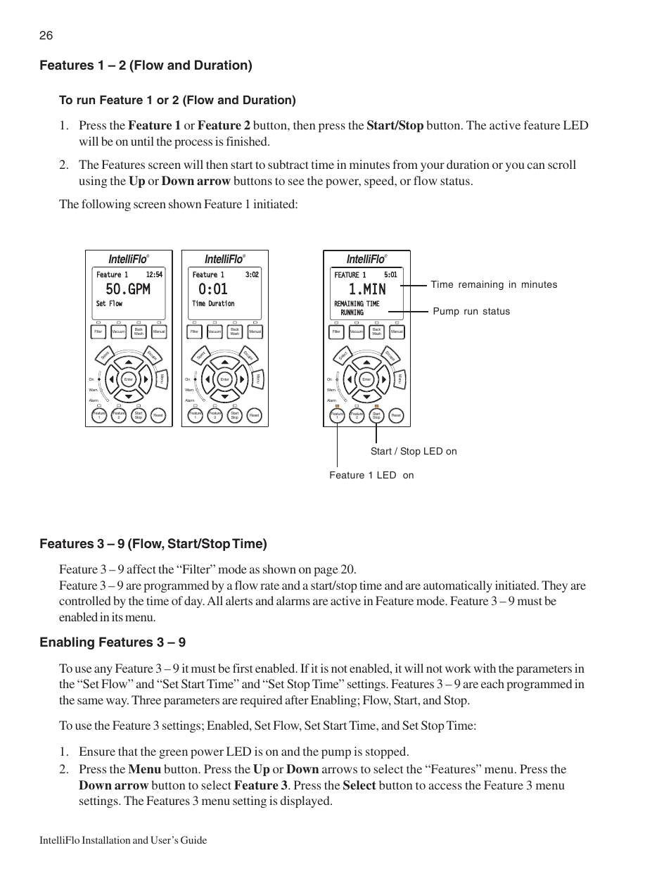 Features 1 – 2 (flow and duration), Intelliflo, Intelliflo installation and user’s guide | Pentair Variable Speed Pump IntelliFlo User Manual | Page 32 / 64