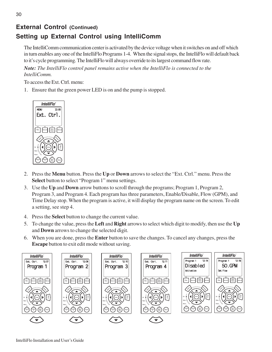 Setting up external control using intellicomm, External control, Continued) | Ext. ctrl, Program 1, Program 2, Program 3, Program 4, Disabled, Intelliflo installation and user’s guide | Pentair Variable Speed Pump IntelliFlo User Manual | Page 36 / 64