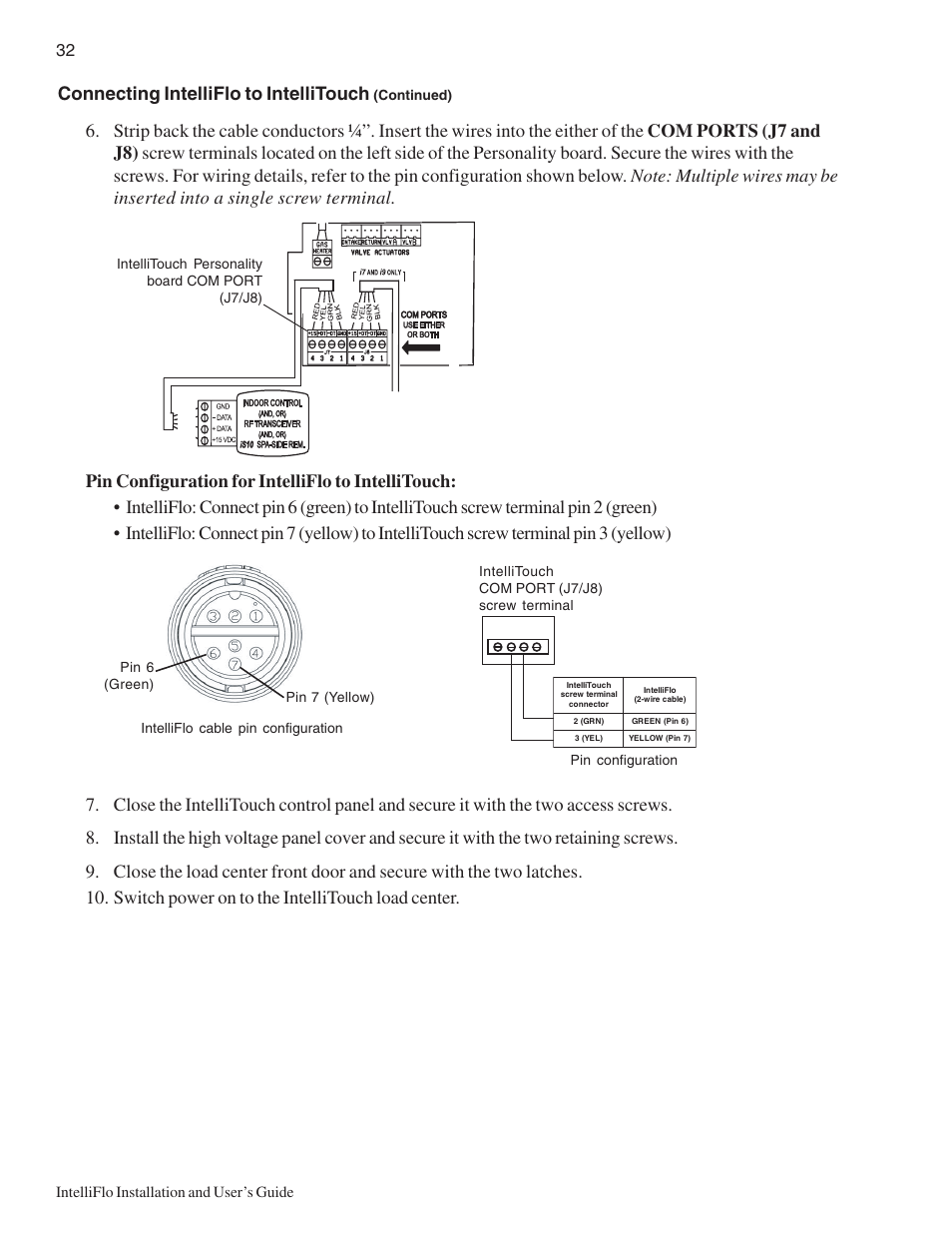 Connecting intelliflo to intellitouch, Intelliflo installation and user’s guide, Continued) | Intellitouch personality board com port (j7/j8) | Pentair Variable Speed Pump IntelliFlo User Manual | Page 38 / 64