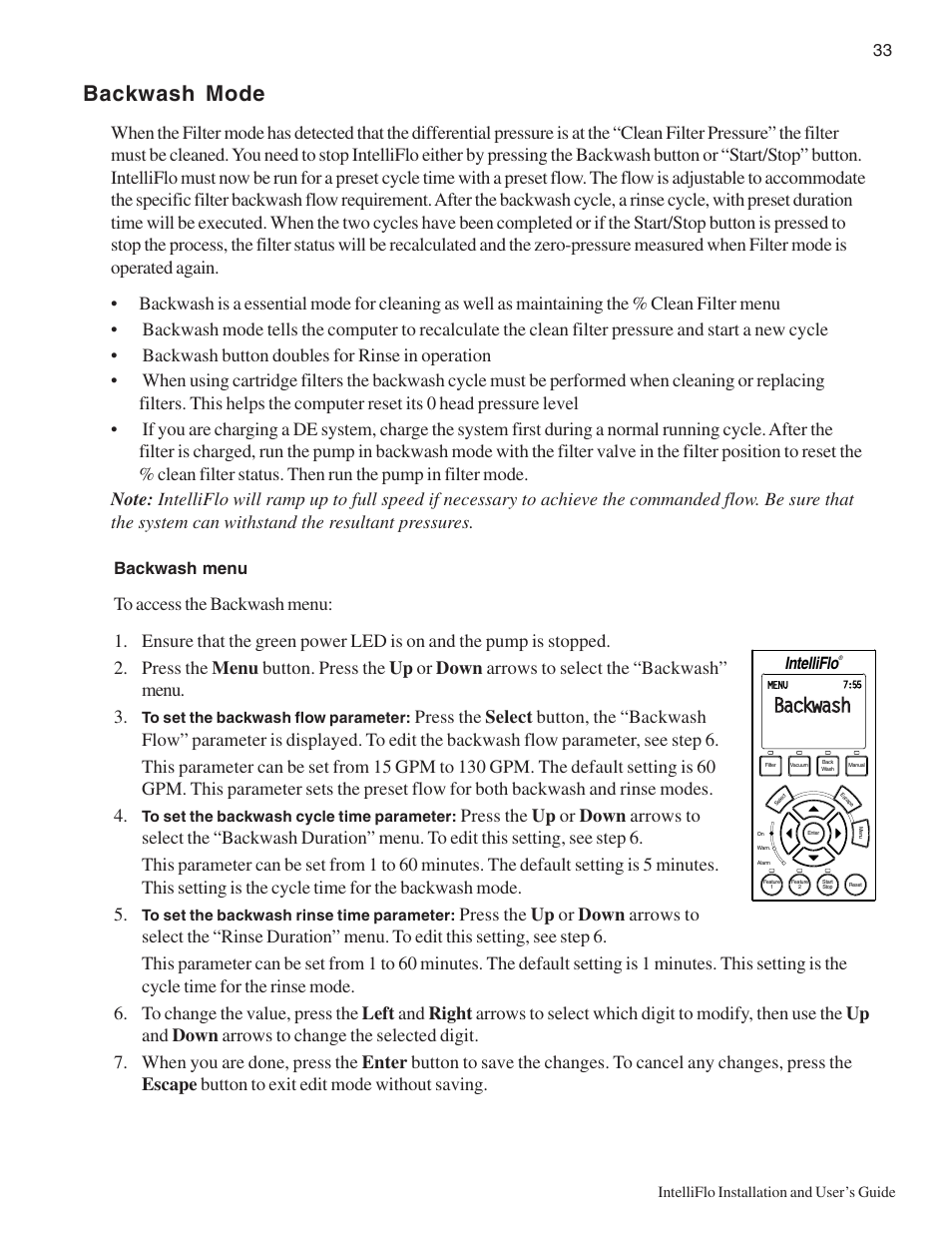 Backwash mode, Backwash, Backwash menu | Intelliflo | Pentair Variable Speed Pump IntelliFlo User Manual | Page 39 / 64